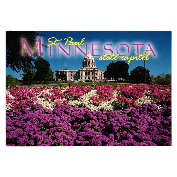 Minnesota State Capitol St Paul Vintage Postcard Politics Roadside Floral Garden - Picture 1 of 2
